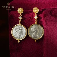 byzantine 18k gold authentic ancient silver coin drop earrings natural diamond accent roman emperor flip lira medallion earrings