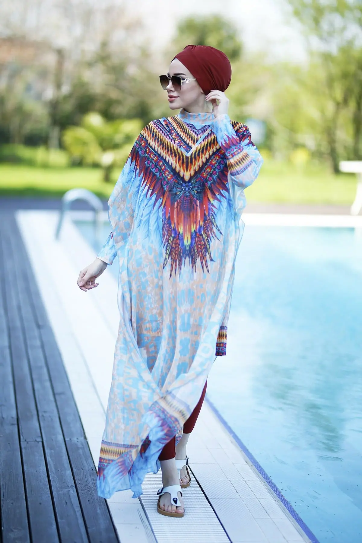 2021 Women Hijab Swimsuit Patterned Kaftan Pareo Chiffon Fabric Summer Season Quality Muslim Fashion Swimwear Covered Elegant TR