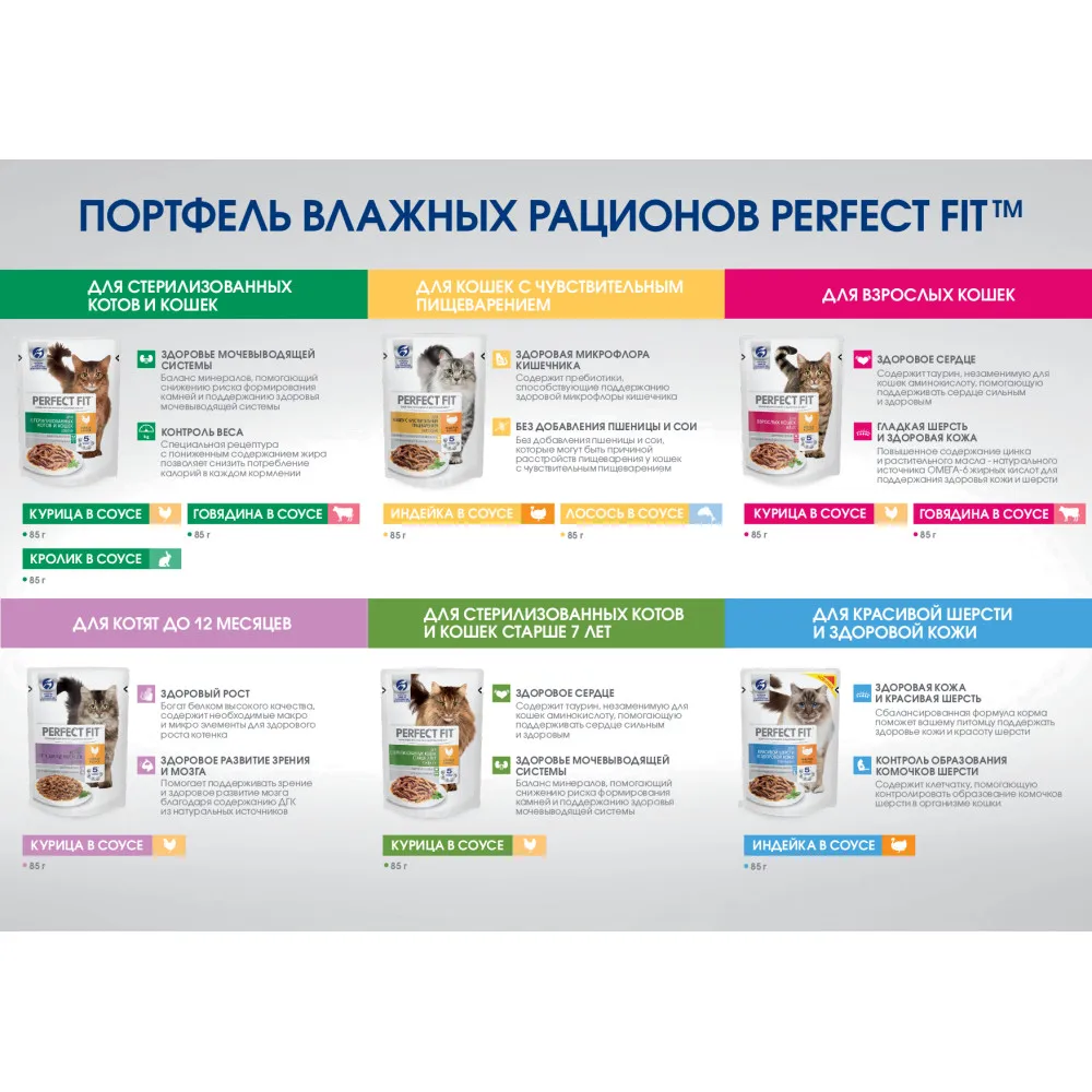 Влажный корм PERFECT FIT &quotговядина в соусе&quot для взрослых кошек 24 шт по 85г|Кошачий