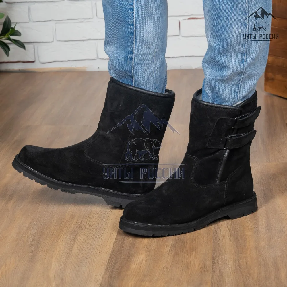 Сапоги зимние мужские натуральные черные замшевые на липучке резиновая подошва