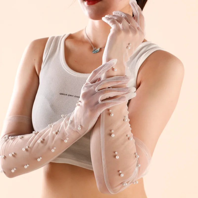 

New Pearl Tulle Gloves for Women Sheer Long Lace Mesh Semi Fingerless White Solid Sunscreen Vintage Party Mittens for Driving