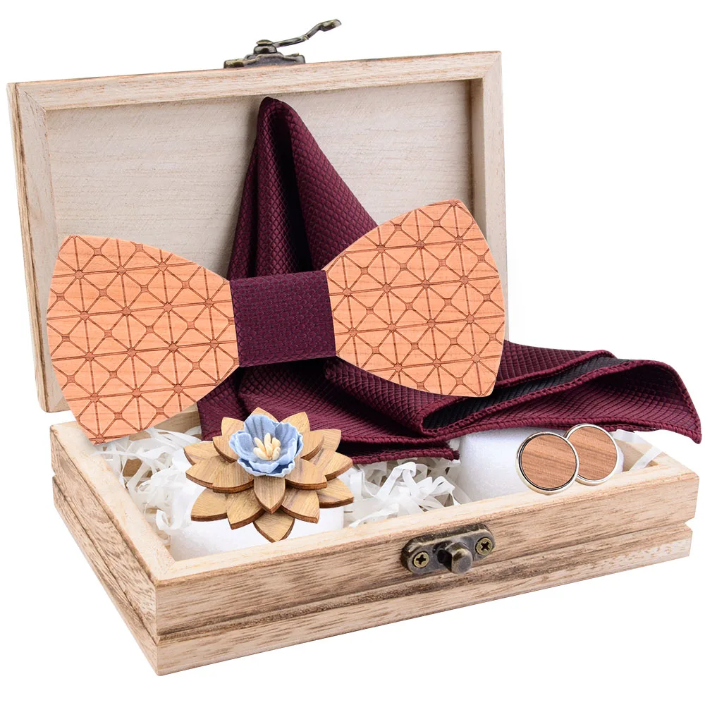 Клетчатый резной деревянный галстук-бабочка Красный Черный твердый носовой