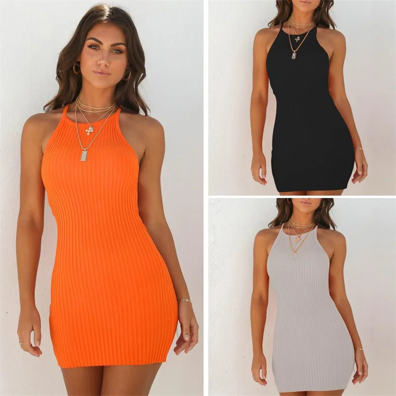 

2022 Spring and Summer Outdoor Wear Solid Color Knitting Skinny Casual Dresses for Women