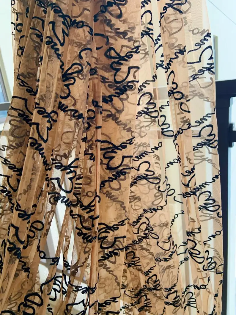 1Yard Brown Tulle Lace Fabric With Alphabet Eyes On Me Embroidered Mesh Velvet Words | Дом и сад