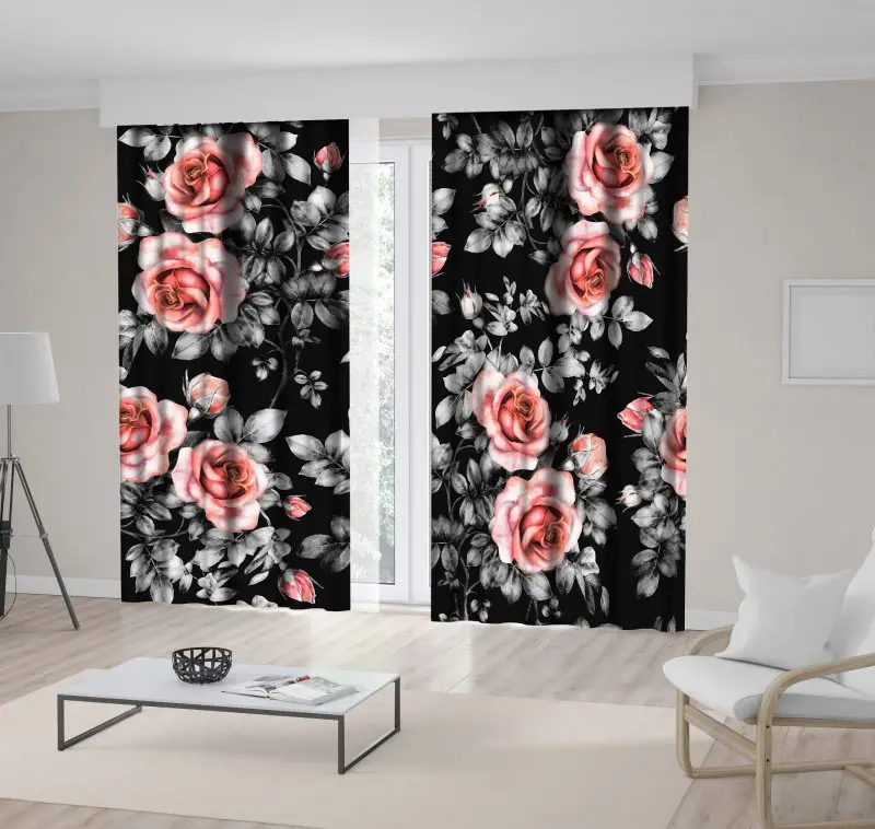 

Curtain Rose Branches Flowers Leaves Bouquets on Dark Background Classic Watercolor Style Art Pink Gray Black