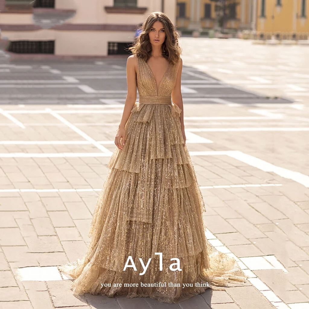 

Sparkle With Gold Evening Dress Sexy V-neck Straps Backless Prom Gowns Tull Sweep Train Formal Gowns Vestidos De Novia