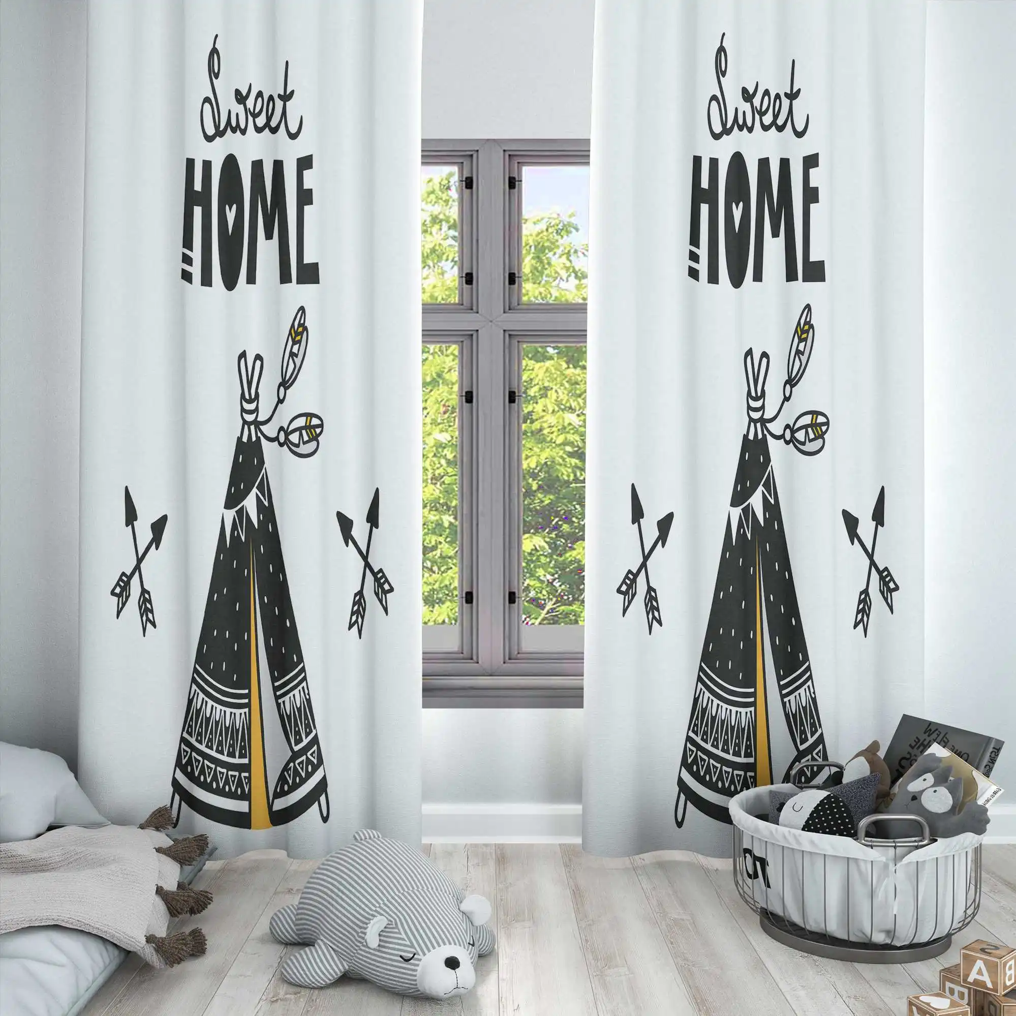 

Else Black White Yellow Tent Sweet Homes Nordic 3d Print Kids Baby Children Window Panel Set Curtain Combine Gift Pillow Case