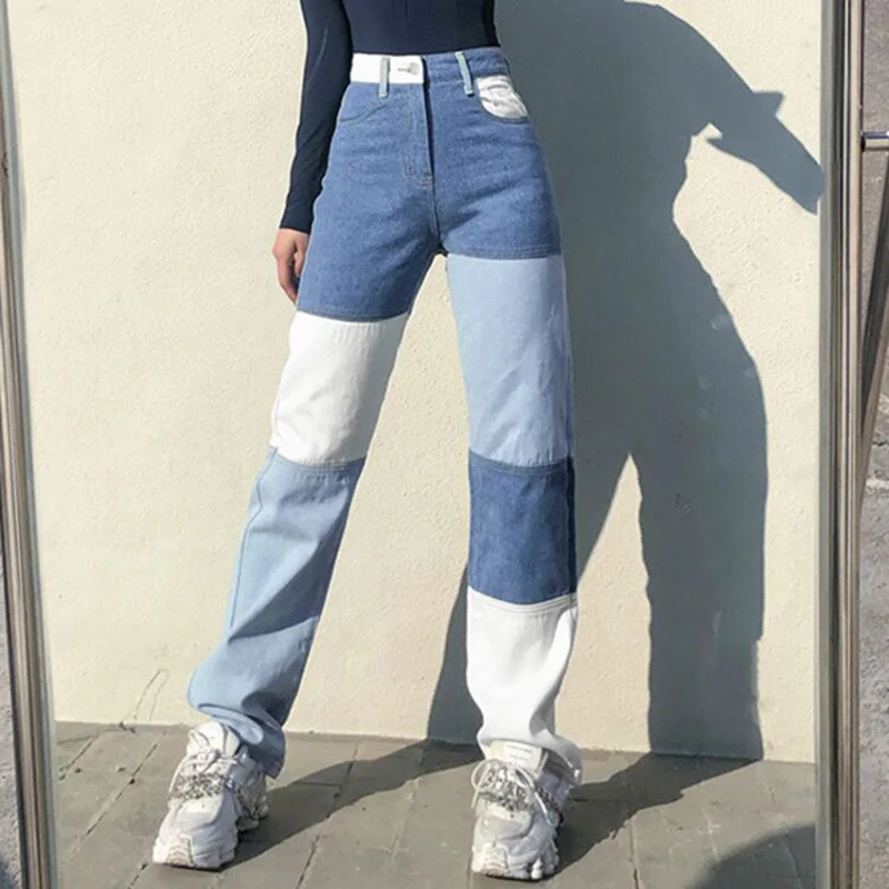 

Patchwork Straight Women's jeans Casual Baggy Vintage High Waist Trousers Boyfriends Mom y2k Denim Distressed Pants 2021 Fashion