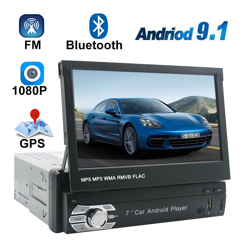 Выдвижной Автомобильный радиоприемник 7 дюймов 1 Din Android 9 Авторадио GPS навигация