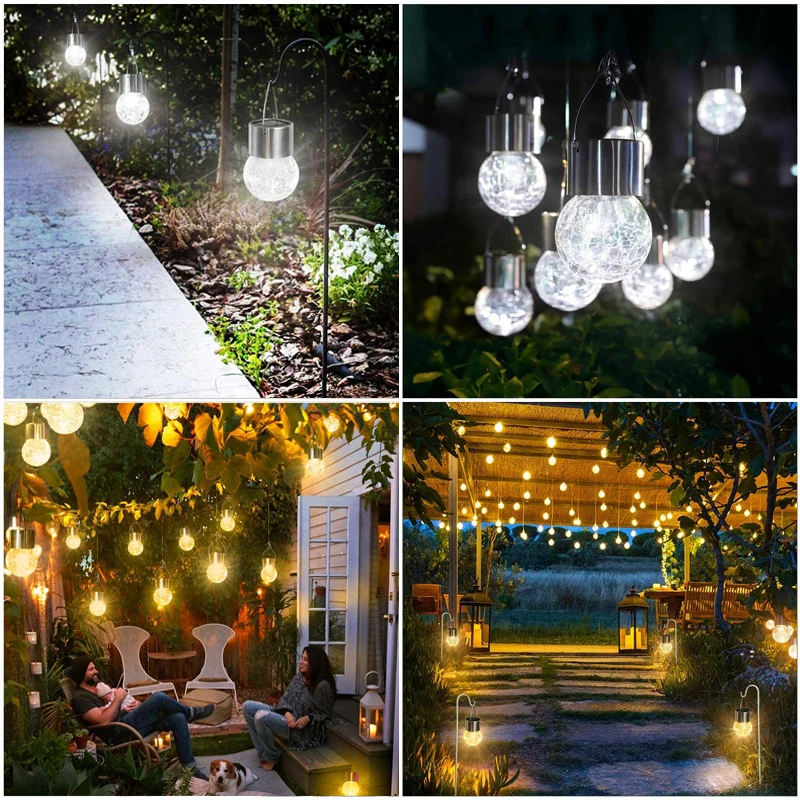 

Hanging Solar Lights Outdoor Decorative Cracked Glass Ball Light Solar Powered Waterproof Globe Lighting with Handle for Garden