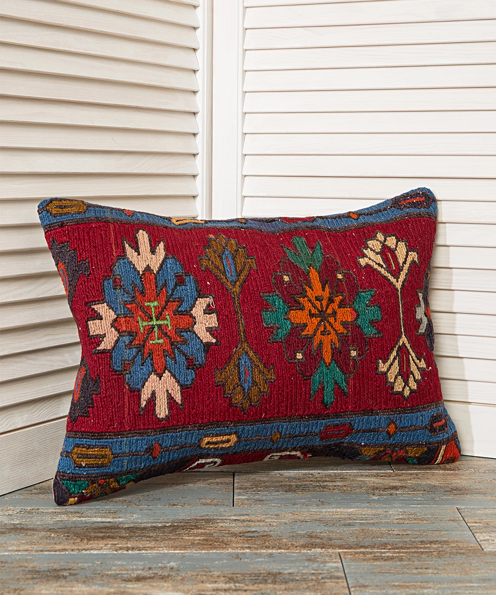 

Red and Blue Cushion Cover, 35x50 Floral Kilim Pillow, Anatolian Pillow Cover, Decorative Lumbar Pillow