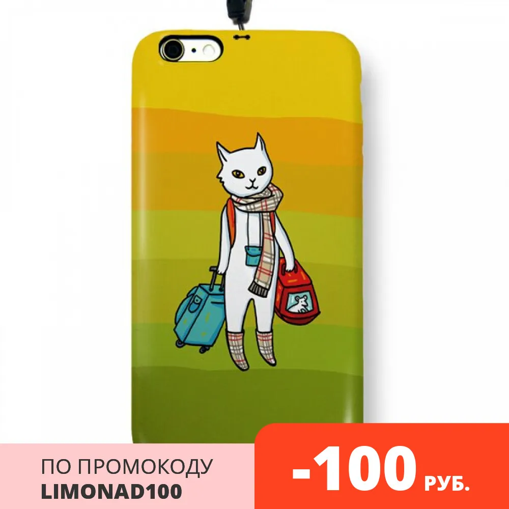 Чехол пластиковый для айфона 6/6S &quotКот-хипстер&quot с ланъярдом | Мобильные
