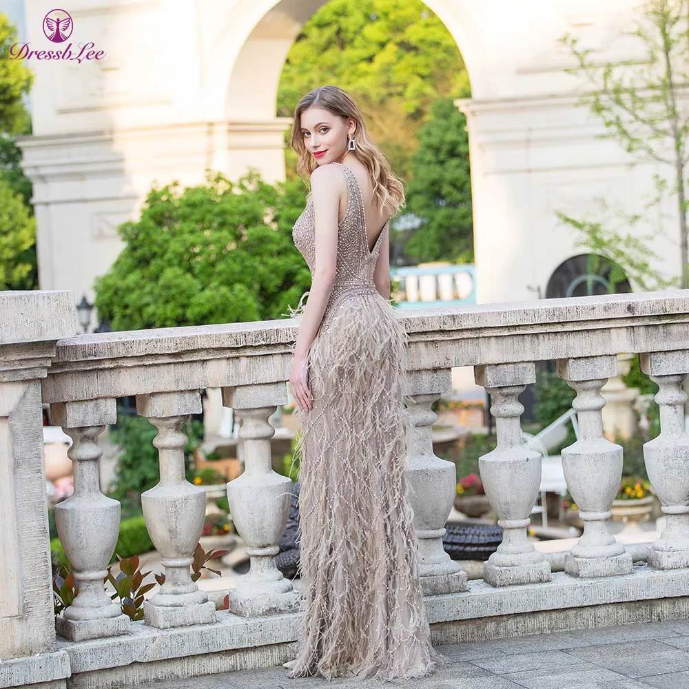 DressbLee Khaki Mermaid Banquet Dress V-neck Dress Full Beaded Crystal and Feather Long Dress Backless Sexy Formal Prom Dress