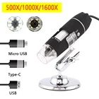 Портативный Ручной цифровой микроскоп 500X1000X1600X, 3 в 1, Электронные Микроскопы с микро-интерфейсом USB Type-C и кронштейном на 8 светодиодов
