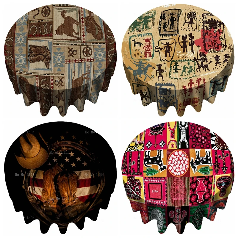 

Western American Flag With Cowboy Boots Rope And Hat Rodeo Horse Wild West Caves Collage Round Tablecloth By Ho Me Lili