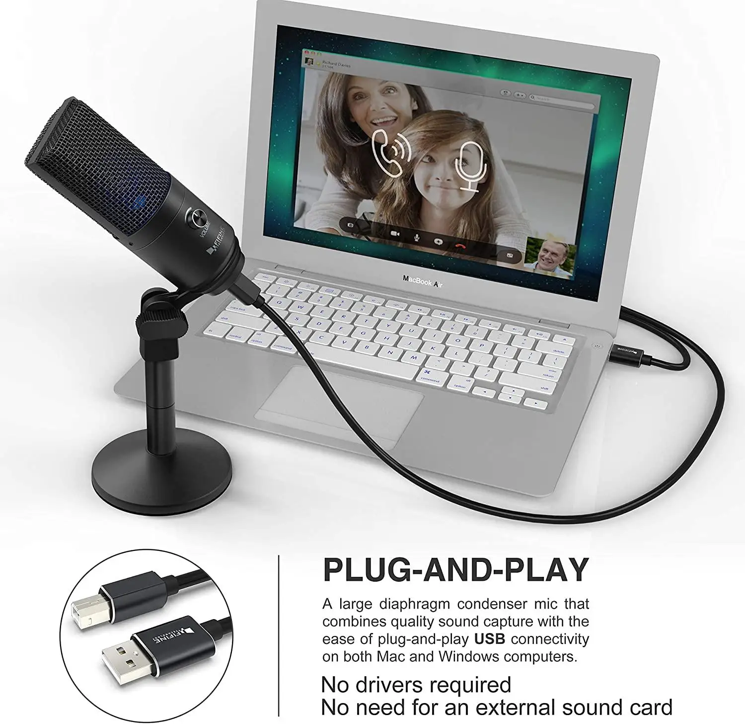 Микрофон Fifine K670B (Black) USB для Mac/ПК Windows вокала многоцелевой оптимизирован записи