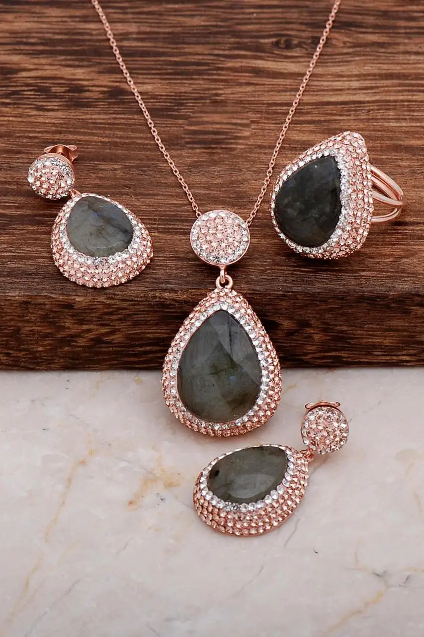 

Набор из агата, камня, розового серебра 2006 пробы, ручная работа