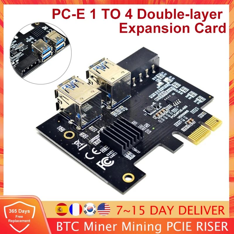 

Переходник PCIe с 1 на 4 порта USB 3,0 для видеокарты PCIE 1x на 16x, расширенная карта PCI-E, адаптер для майнинга, видеокарта