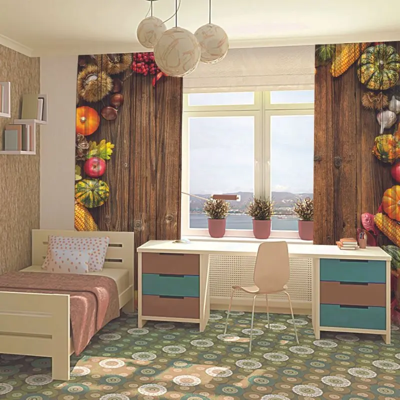 Занавески фрукты и тыквы на деревенском деревянном столе обои Урожай страны