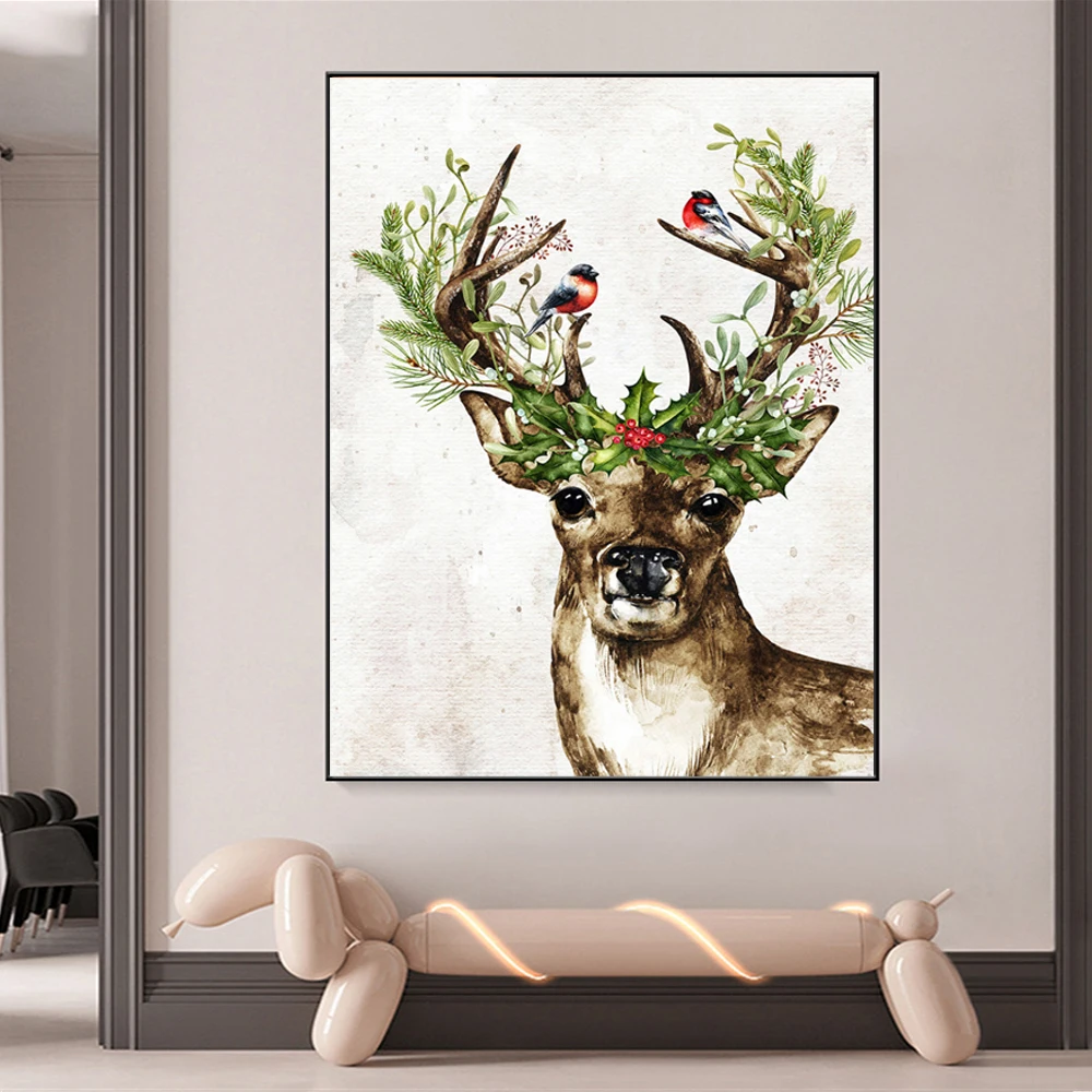 

Animal Poster Winter Holly Berries Christmas Holiday Decor Woodland Deer Print Wall Art Canvas Painting Farmhouse Home Decor