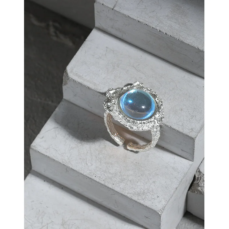 

Ins Niche Design Irregular Temperament Personality Face Moonstone Texture Texture S925 Sterling Silver Open Ring Female