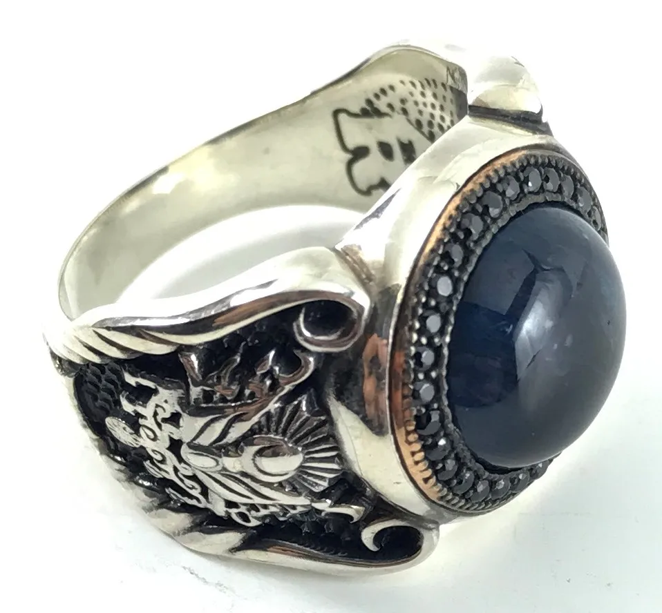 

LARGE MIDDLE ROUND BLACK Gemstone PATTERNED Muslim Tattoo Ring 925 SILVER CHIC SIDES OTTOMAN ARMY PATTERNED GIRL'S Gift Fashion