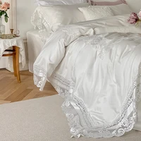 luxury bedding set queen king size lace ruffled princess style duvet cover bed sheet set satin bed linen bedspread on the bed