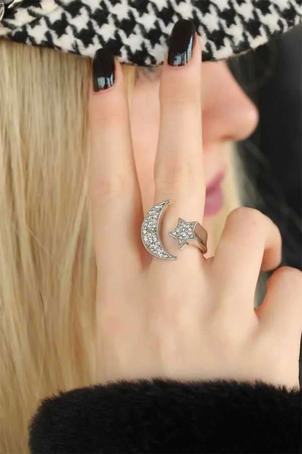 Серебряного цвета кубического циркония Луна Звезда женщин выравнивание кольцо