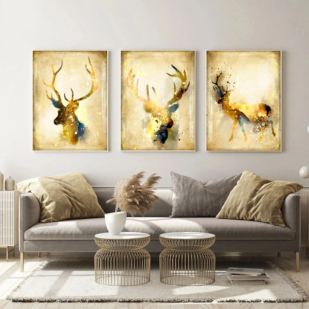 

Golden Elk Poster Vintage Art Wall Picture Abstract Animals Print Watercolor Canvas Painting Nordic Living Bedroom Home Decor