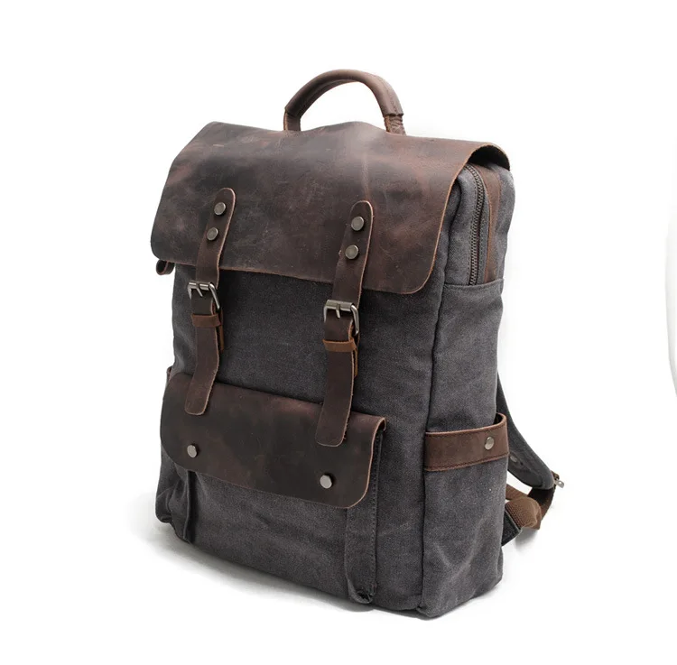 

Vintage Canvas Backpack Neutral Collegiate Style Schoolbag Pure Cotton Canvas with Head Layer Crazy Horse Cowhide Schoolbag