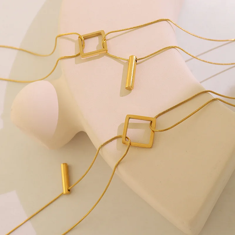 

Square long pendant double-layer Necklace titanium steel gold plating jewelry set