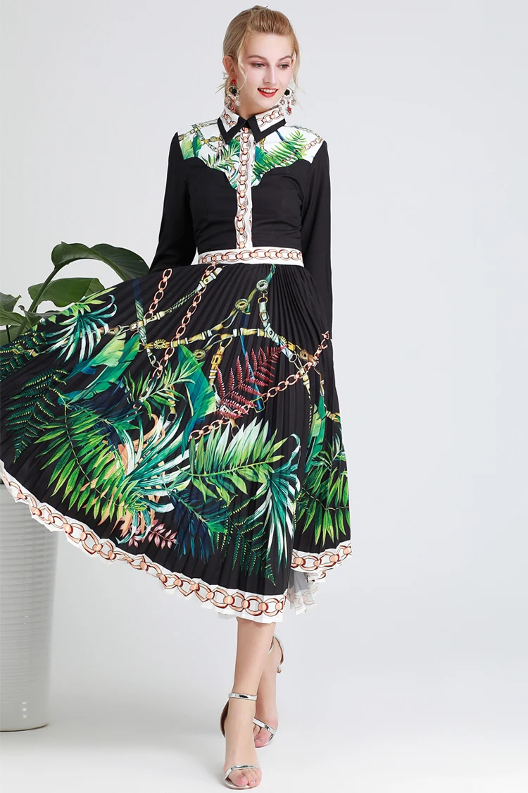 Runway Dresses Turn Down Collar Long Sleeves Printed Pleated Fashion Designer Casual Autumn | Женская одежда