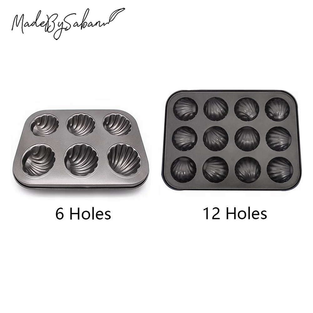

6 12 Hole Non-Stick Carbon Steel Black Mold Cake Shell Shaped Portable Lightweight Tray Baking Tin Pans