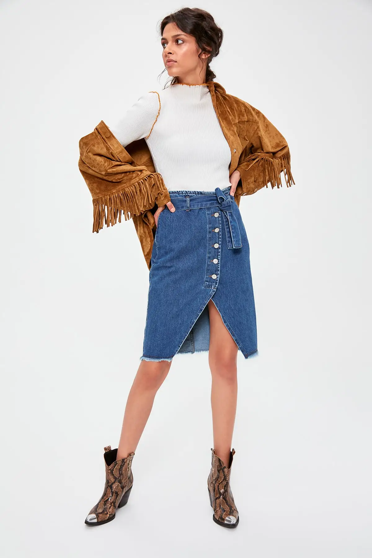 Модная синяя джинсовая юбка со шнуровкой TWOAW20ET0146 | Женская одежда