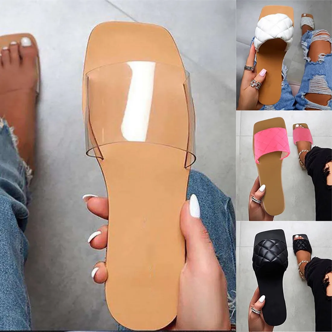 Large Size 43 New 2021 Summer Women's Sandals Solid Color Chain Fashion Outdoor Slides Flat with Breathable Beach Ladies Shoes