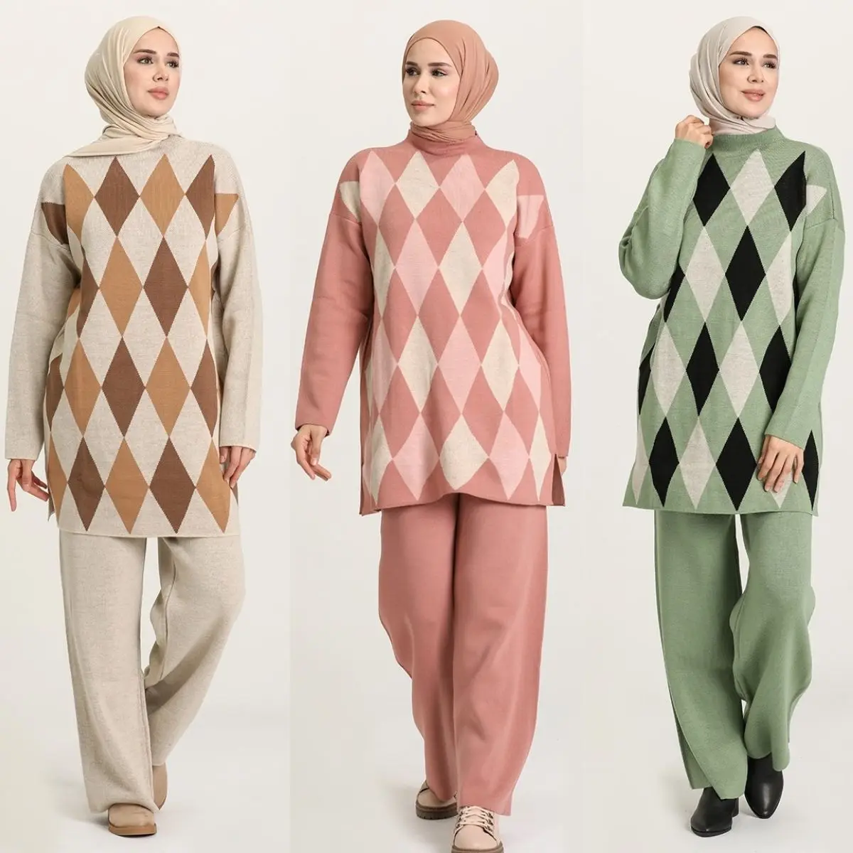 

Трикотажный свитер и брюки, двойной костюм с длинным рукавом и нулевым воротником, сезонная Турция, Дубай, мусульманский модный хиджаб, одеж...