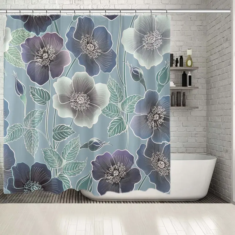 Занавески для душа весенние цветущие садовые Маки Цветы Листья классические