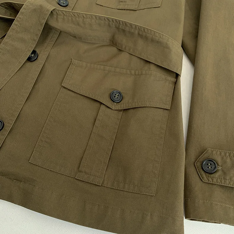 

Army Green Women's Jacket Top Ladies 2021 New Ladies Single-Breasted Short Coat Outwear Waist Lace-Up with Sashes