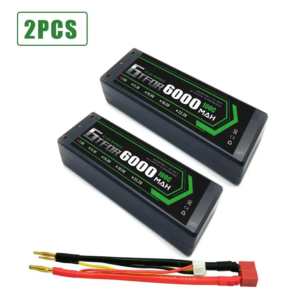 

GTFDR 2PCS 2s Lipo Battery 7.4V100C 6000mAh Hard Case Lipo Batteries Pack with 4mm Bullet for 1/8 1/10 RC Car Model Trax