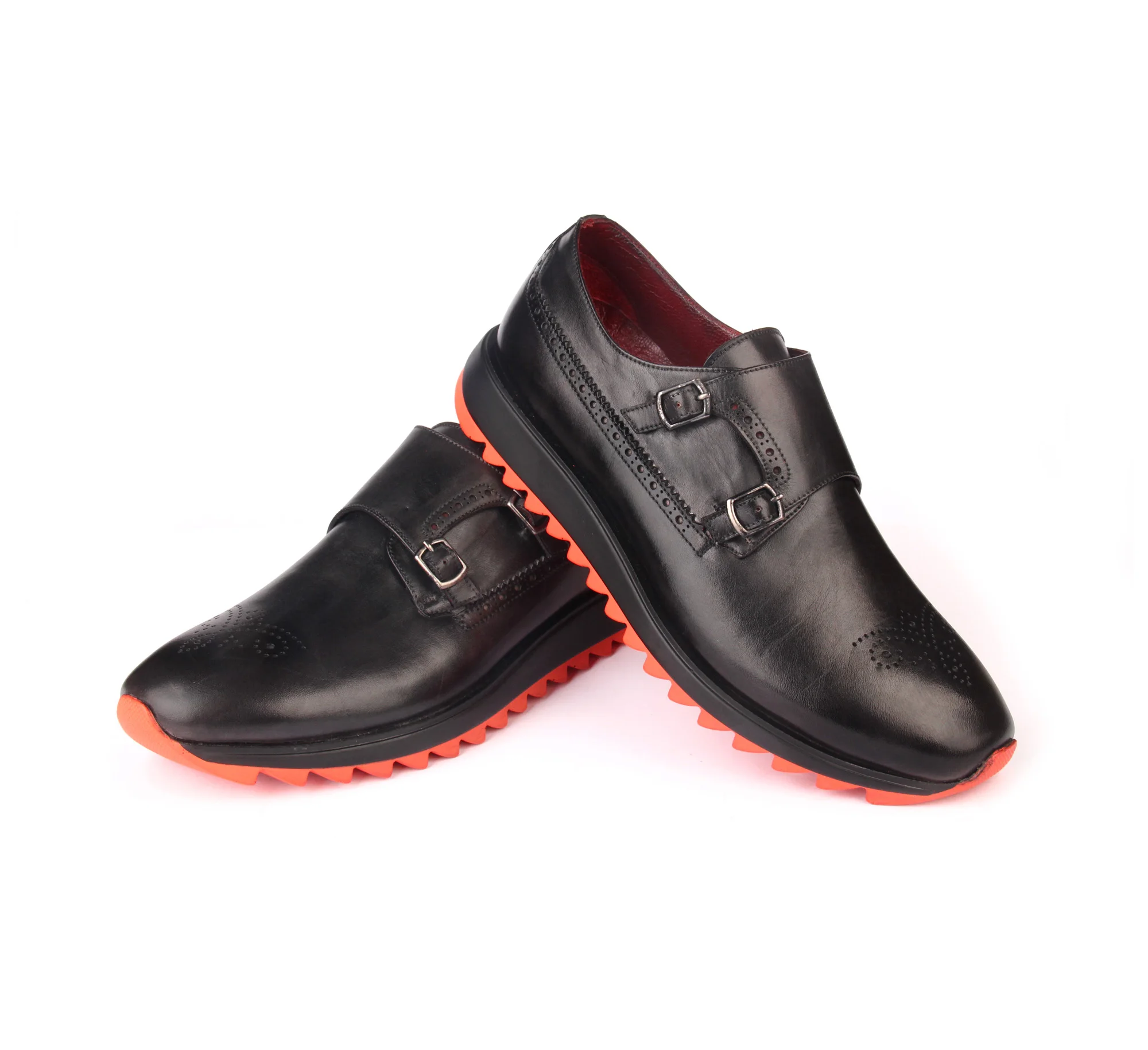 

Handmade Black Casual Double Monk Strap Shoes with Orange Lightweight EVA Sole, Genuine Calf Skin Leather, Medallion Toe, Men's