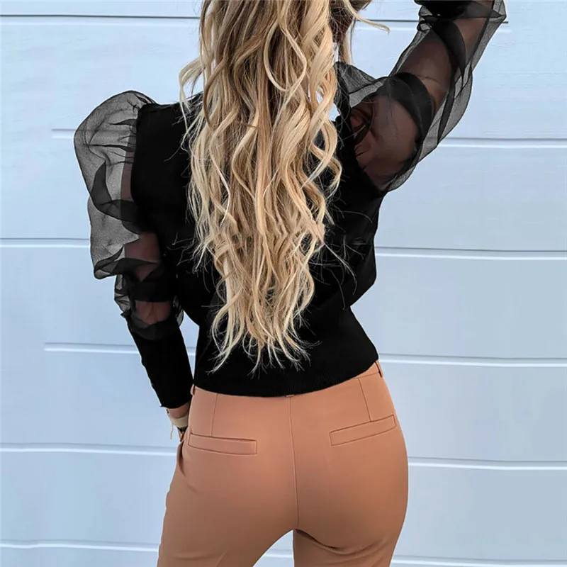 Женская сетчатая блузка с пышными рукавами повседневная облегающая длинным