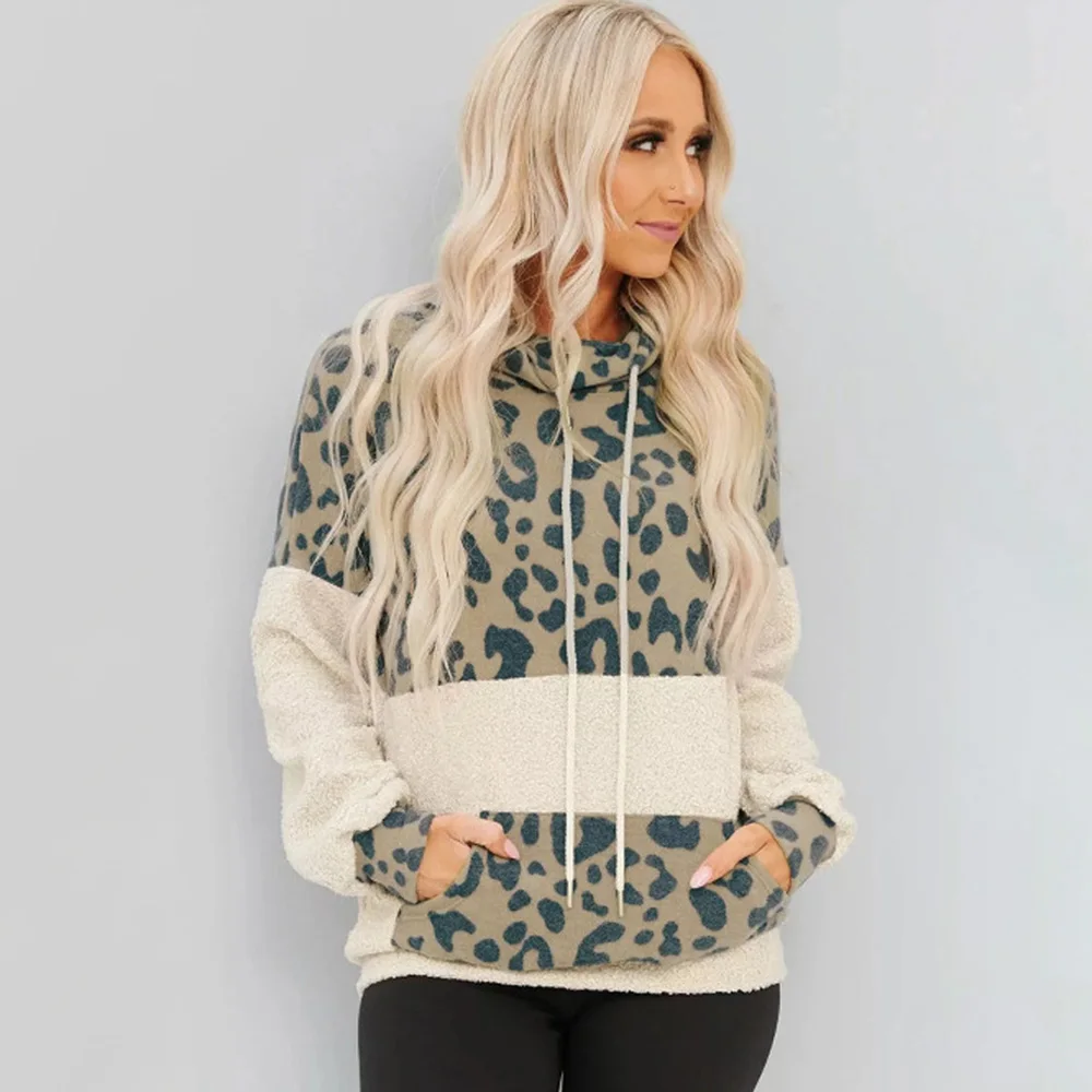 

2020 Winter New Leopard Print Pocket Sweatshirt Lace Up Turn-down Collar Long Sleeve Women Clothes Female Loose Casual Tops