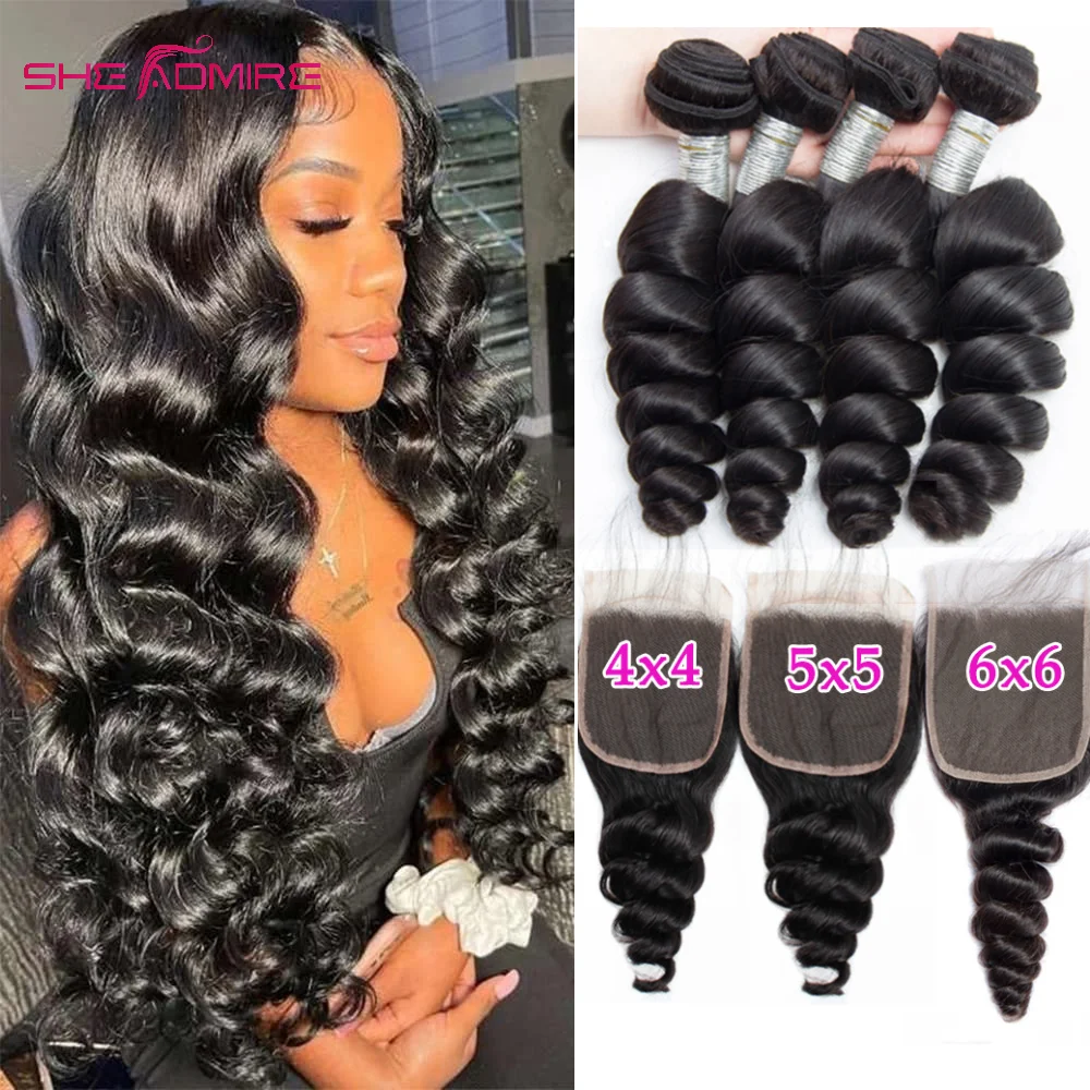 28 30 40 Inch Loose Wave Bundles With Closure Brazilian Remy Human Hair Weave Natural Black Hair Extensions With Lace Frontal