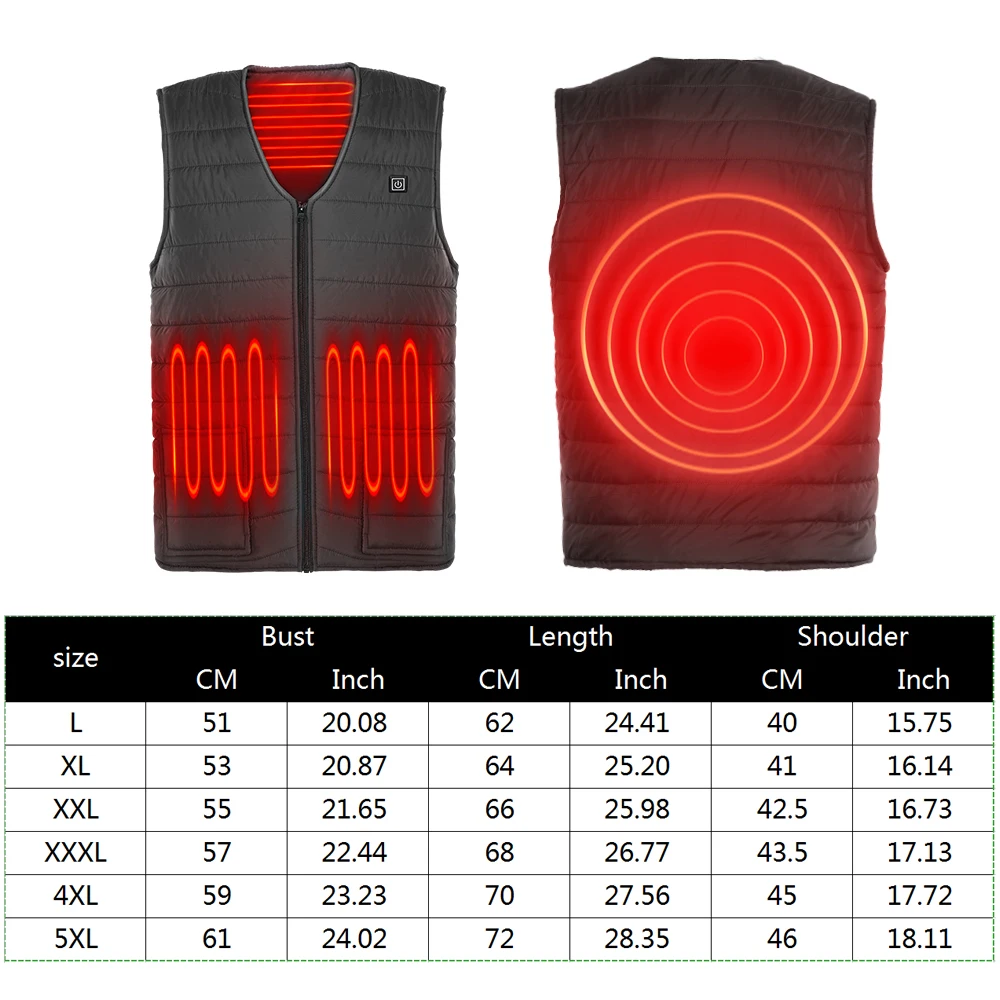 

L-5XL 5 Heating Areas Electric Heated Vest Down Cotton Heating Waistcoat USB Heating Jacket Thermal Clothing Warm Clothes
