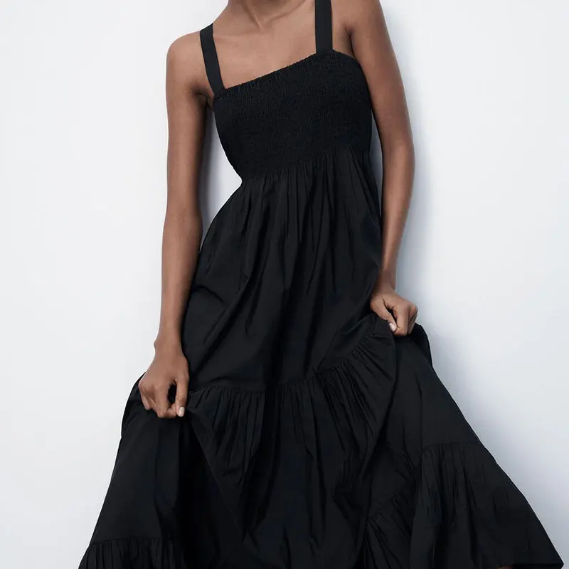

Summer Casual Women's Dresses Strap Draped Long Dress Woman Solid Dresses Vacation Beach Dress Office Lady Girls 2021 Wholesales