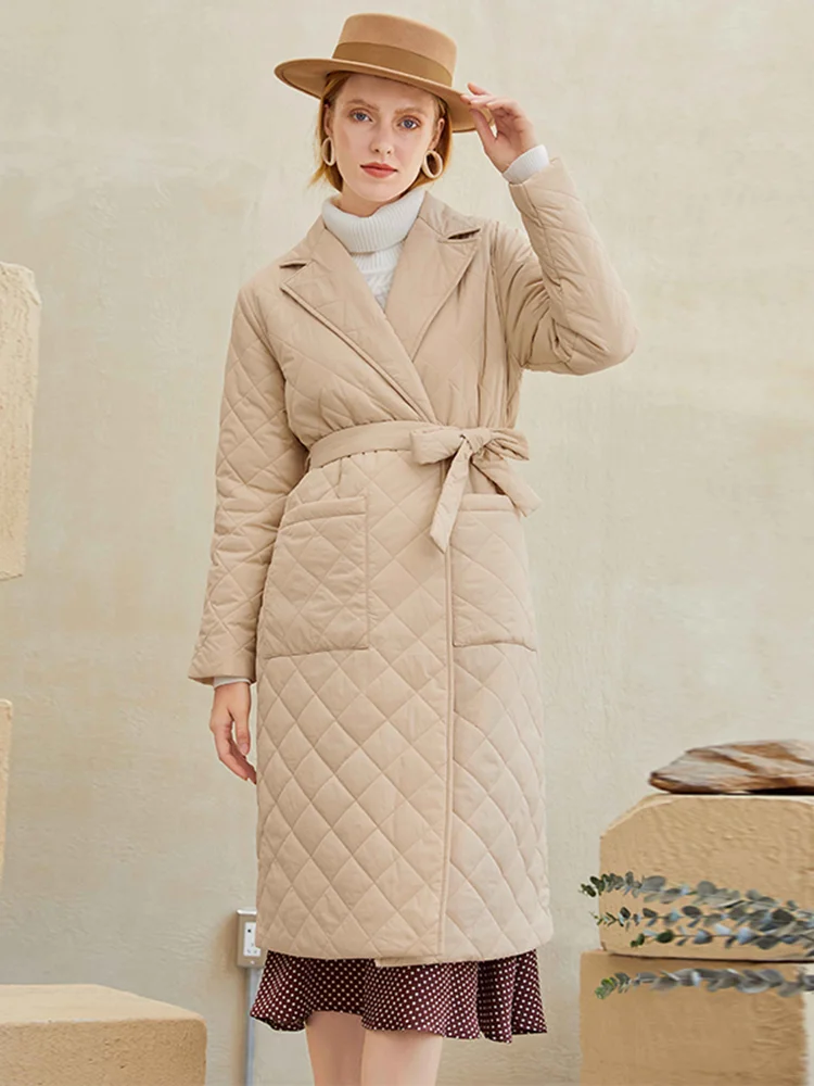 Glamaker Casual rhombus printed women winter parka Long deep pockets straight coat Female tailored collar 2020 winter outerwear