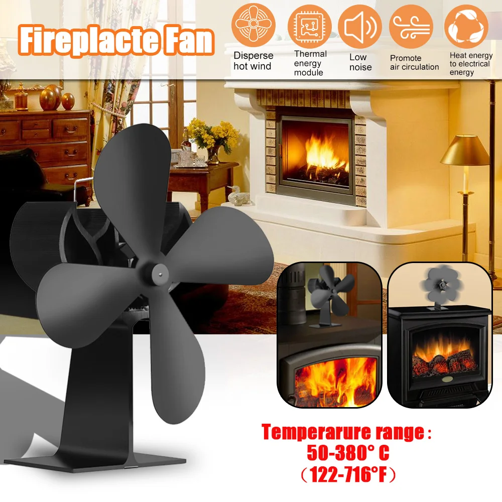 Портативный черный вентилятор для плиты с 4 лезвиями фреза питанием от тепла