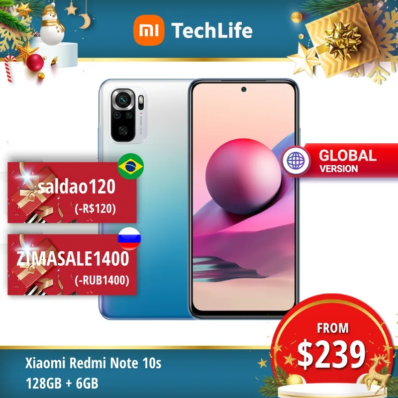  Глобальная версия Xiaomi Redmi Note 10S 6 ГБ RAM 128 ГБ ROM (Совершенно Новый / Запечатанный на заводе) Смартфон Мобильный Телефон Android Сотовый 