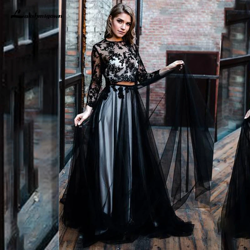 

Lakshmigown Black Wedding Dresses With long Sleeves Modest Jewel Neck Fairy Beach Bride Gowns Robes De Mariee