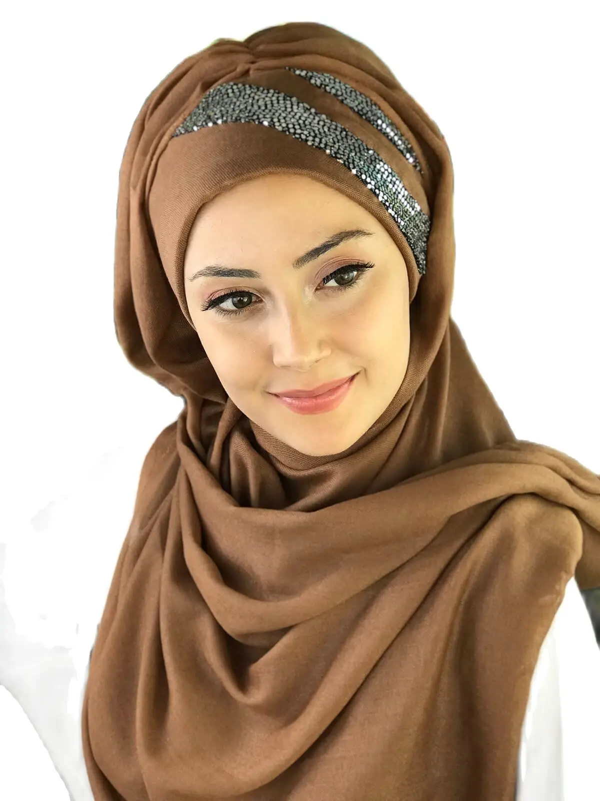 

2021New Fashion Hijab Women Muslim Islamic Chiffon Scarf Hat Foulard Silver Sequin Sequined Detailed Milk Brown Shawl